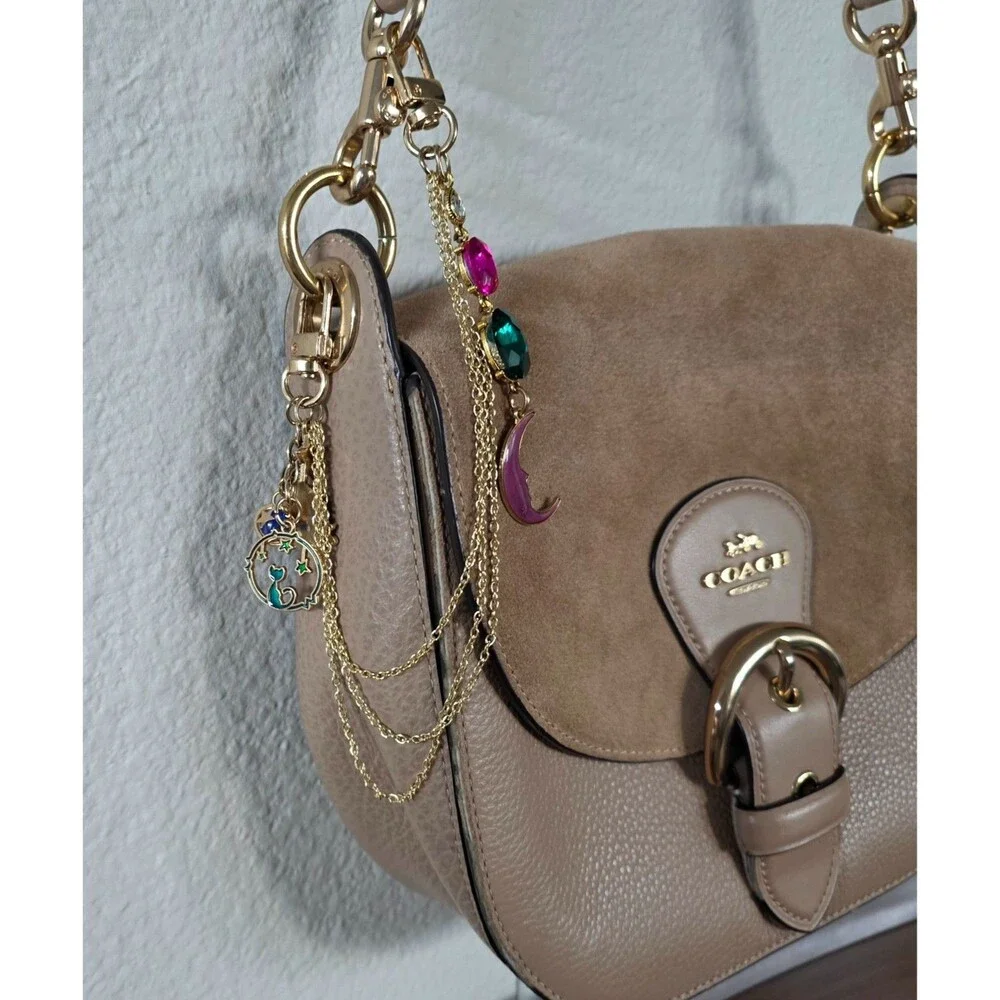 Whimsical Celestial Purse Chain Gold Tone Multi Strand Bag Charm Moon Cat Jewel